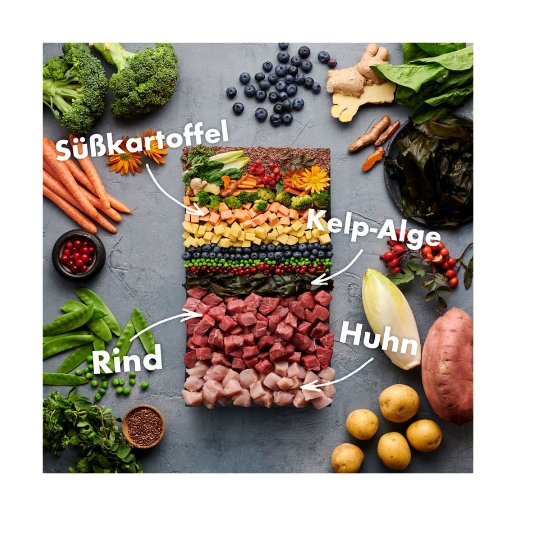 Zutatenmix für Irish Pure Adult Hundefutter: Weiderind, Freiland-Huhn, Gemüse und Kelp-Alge