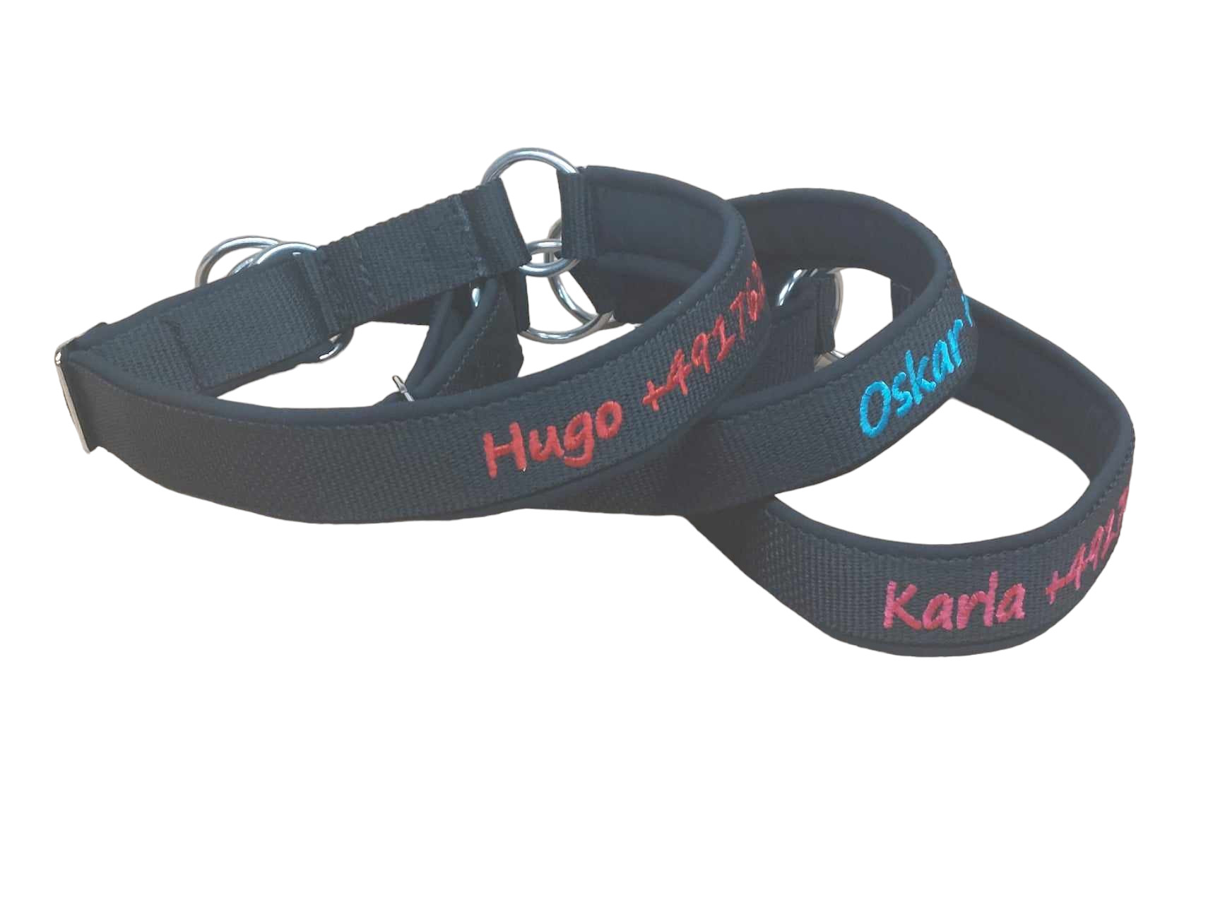 Besticktes Hundehalsband in Dunkelblau mit Softshell-Polsterung und Kunststoffsteckschnalle