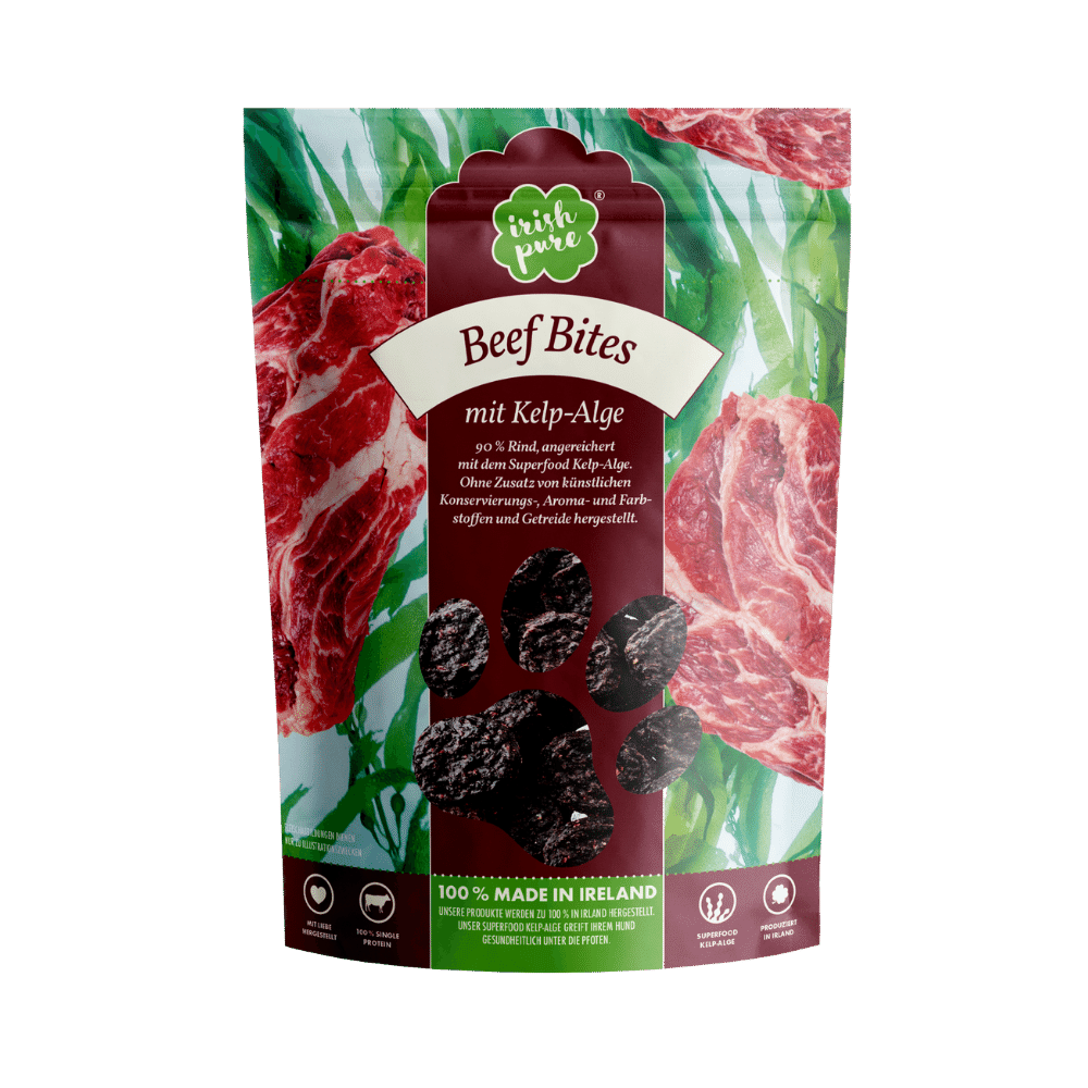 Irish Pure Beef Bites mit Kelp-Alge, Premium Hundesnacks aus 90 Prozent irischem Weiderind, Vorderseite der Verpackung