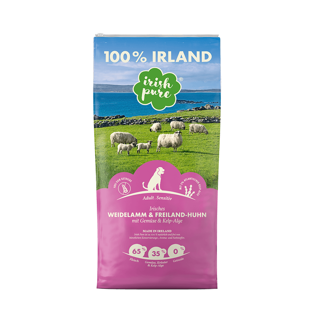 Irish Pure Adult Hundefutter mit irischem Weidelamm und Freiland-Huhn, 1,5 kg, Vorderseite der Verpackung