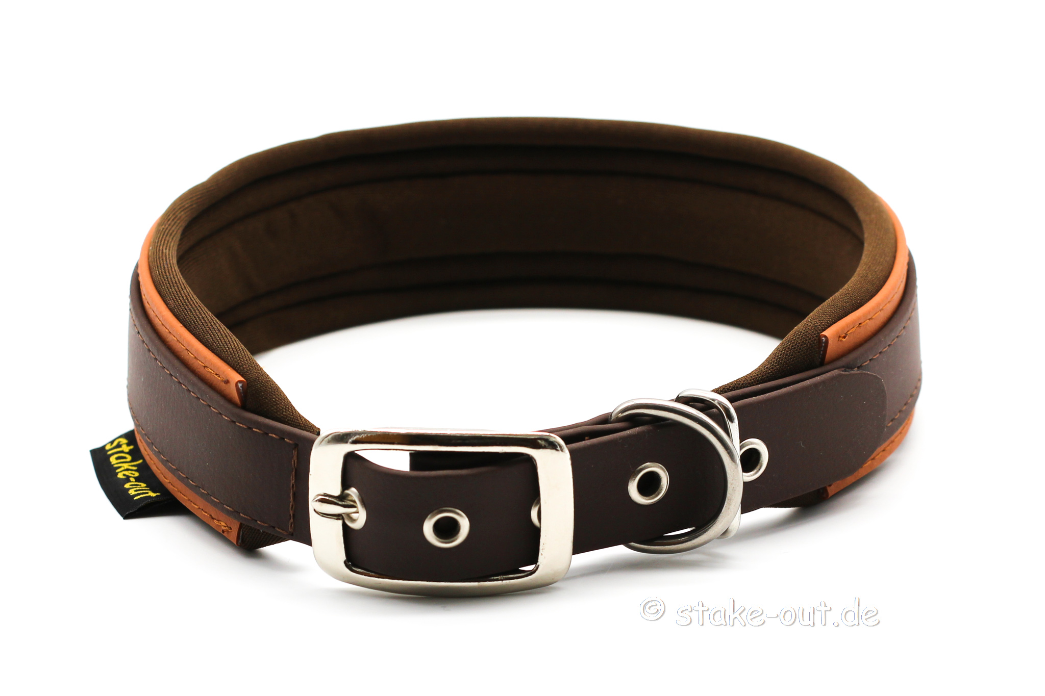 Breites Biothane® Hundehalsband (40 mm) in Braun/Schwarz mit Softshell-Polsterung und Gürtelschnalle