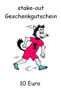 Stake-Out Geschenkgutschein im Wert von 10 Euro mit sportlichem Hundemotiv, ideal für Hundefreunde.