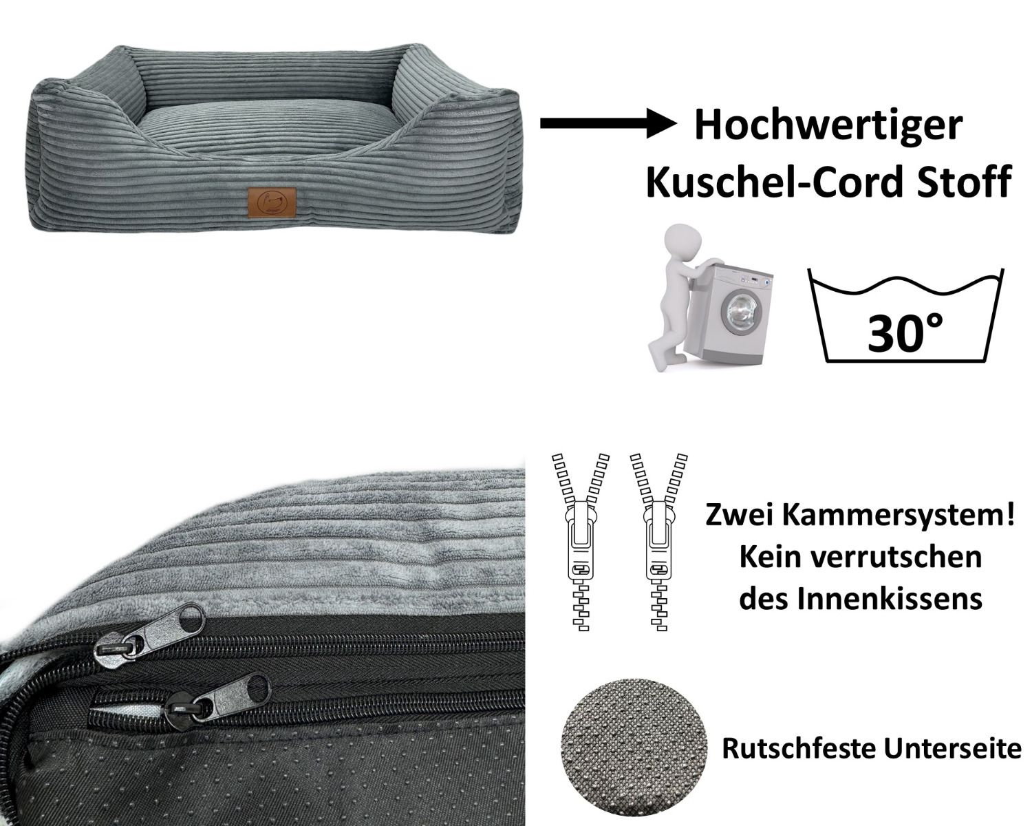 Orthopädisches Hundebett San Marino in Grau mit weichem Cordstoff, Zwei-Kammer-System, abnehmbarem Bezug und rutschfester Unterseite, pflegeleicht und bei 30 Grad waschbar