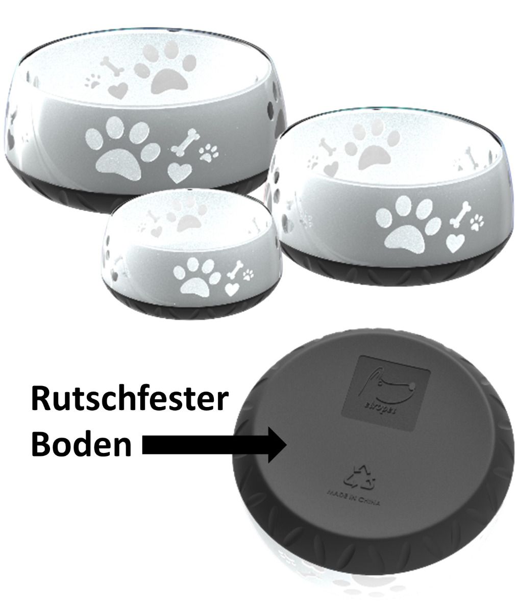 Elropet Kunststoff-Napf in Silbergrau mit Pfotenmotiv und rutschfestem Boden, hochwertiger Hundenapf mit sicherem Stand.