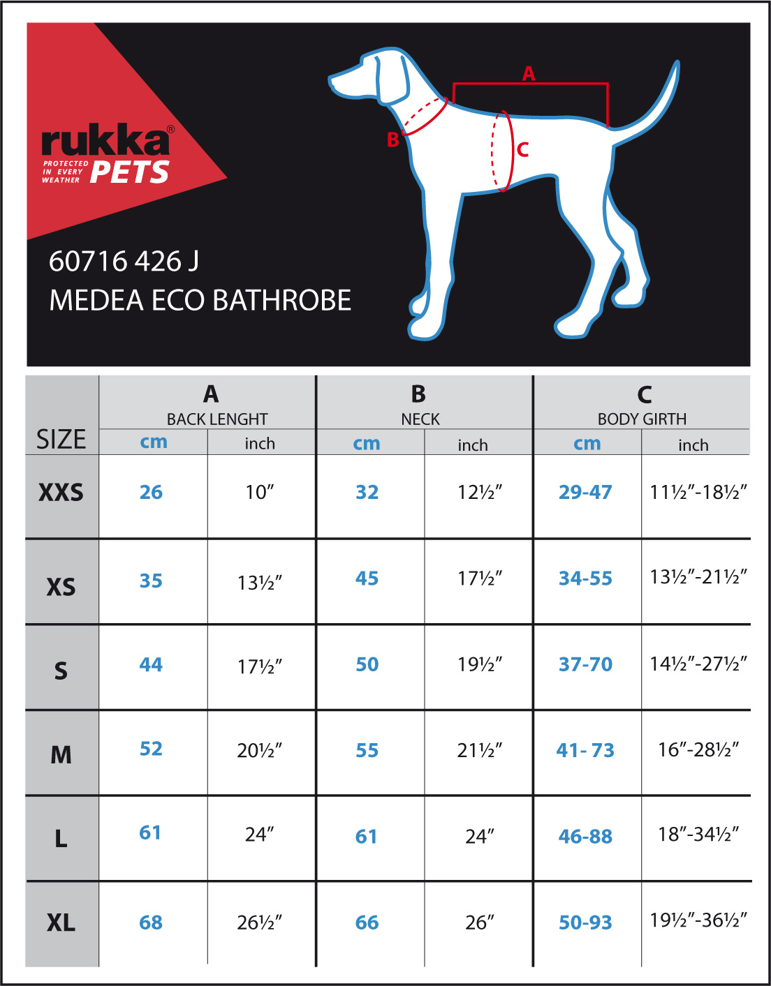 Größentabelle zum Medea ECO Hundebademantel in Grün mit Rückenlängen und passenden Hunderassen.