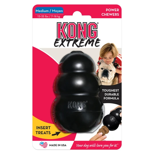 KONG Extreme Medium in Schwarz, Originalverpackung mit Produktabbildung und Beispiel für Hundebeschäftigung.