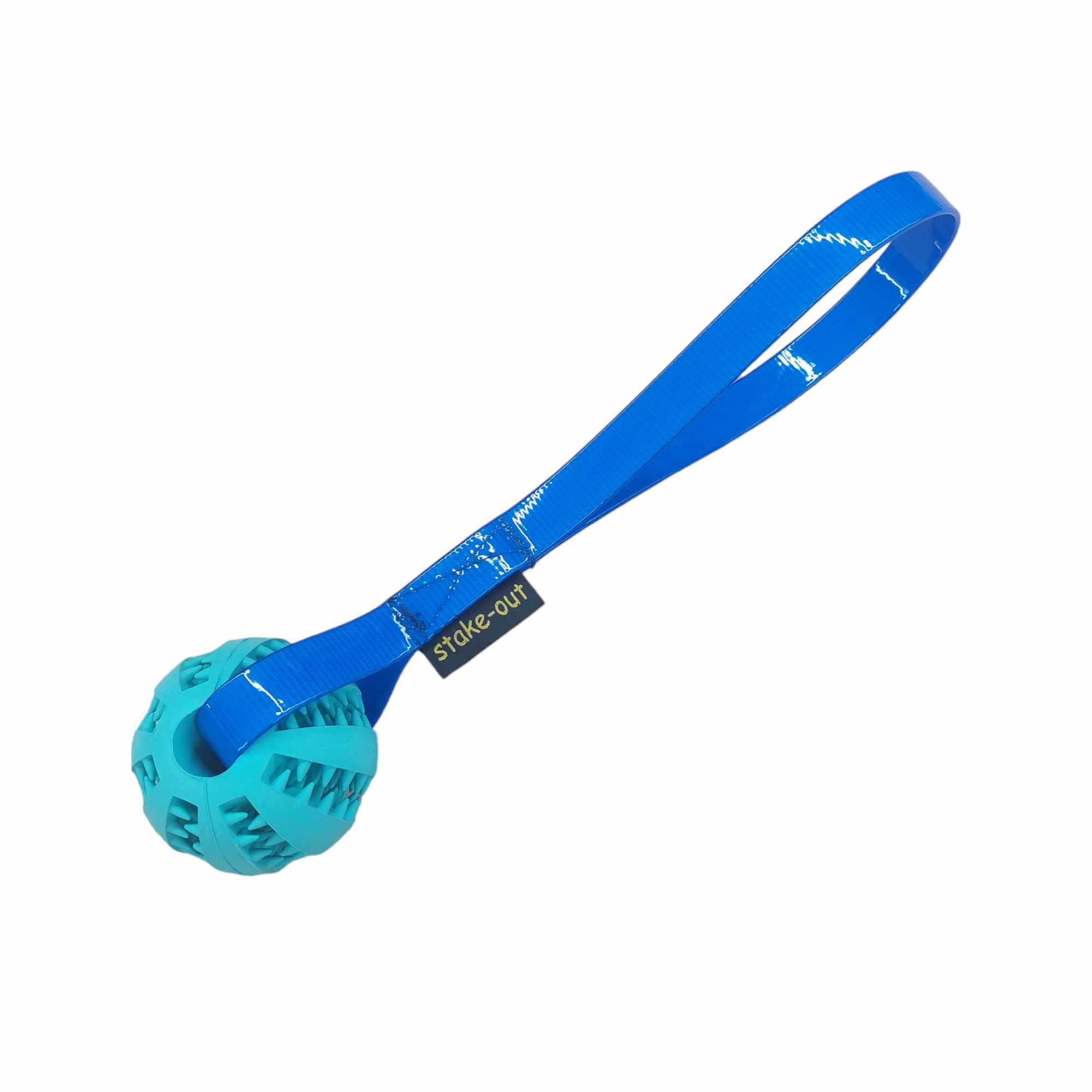 Zahnpflegeball in Türkis mit blauer Biothane-Schlaufe – robustes Hundespielzeug zur Zahnpflege und für Apportierübungen im Training