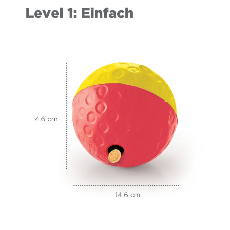 Treat Tumble Snackball in Rot und Gelb mit Leckerli-Öffnung, Level 1 – Einfach, Durchmesser 14,6 cm, interaktives Intelligenzspielzeug für Hunde zur Förderung von Spiel und Belohnung.