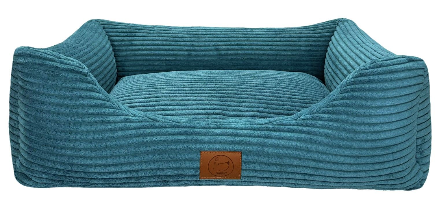 Orthopädisches Hundebett San Marino in Azurblau aus weichem Cordstoff mit erhöhtem Rand und bequemer Liegefläche