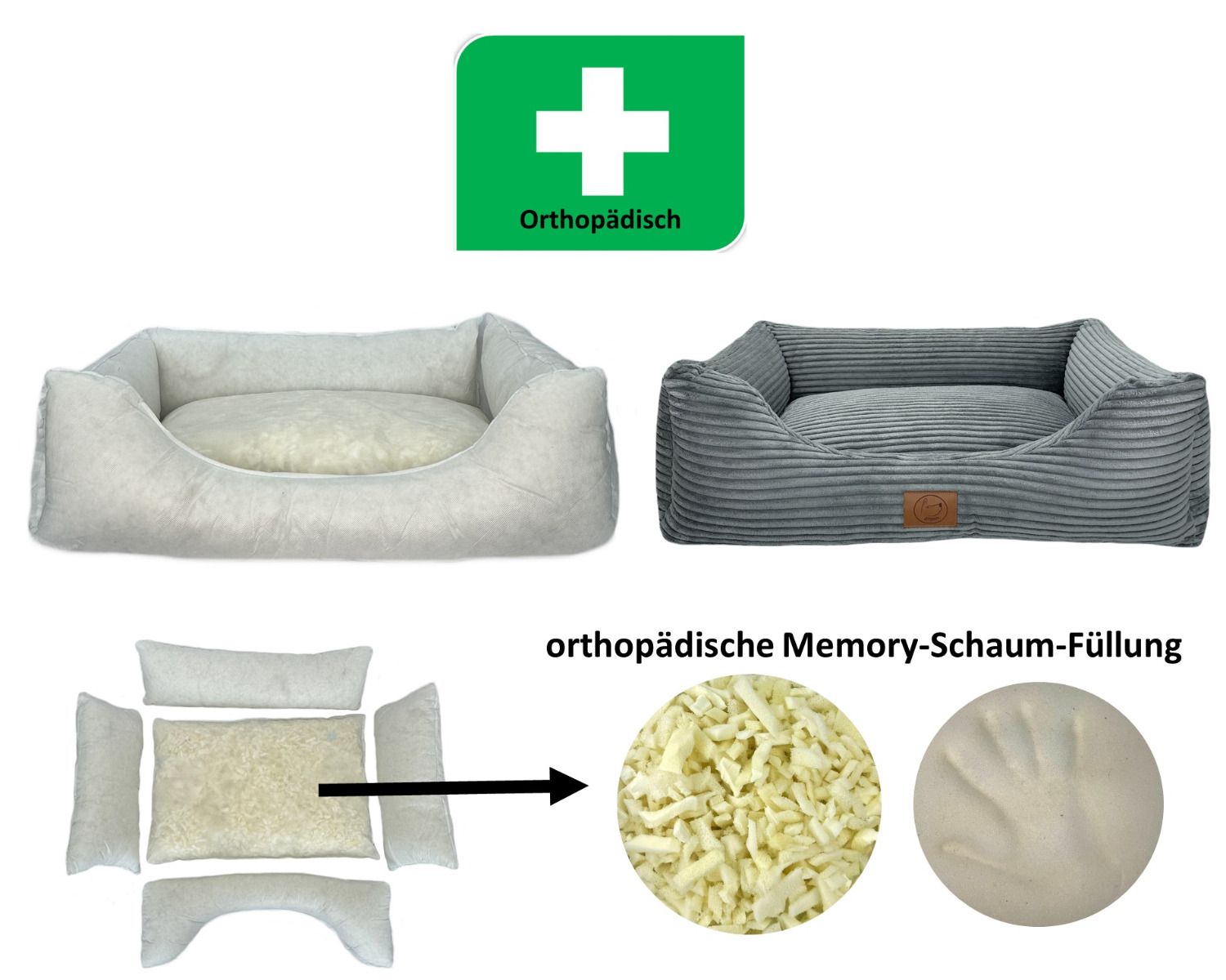 Orthopädisches Hundebett San Marino in Grau mit Füllung aus viskoelastischem Memory-Schaum und herausnehmbaren Kammerpolstern für ergonomische Unterstützung