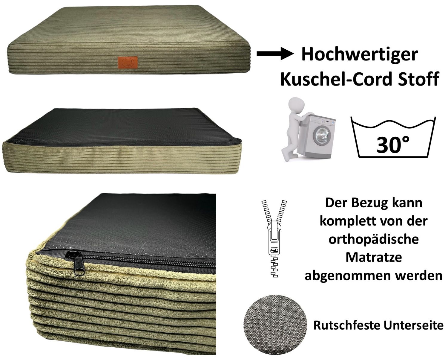 Orthopädische Hundematte San Marino in Olivgrün mit abnehmbarem Cordbezug, rutschfester Unterseite und waschbar bei 30 Grad