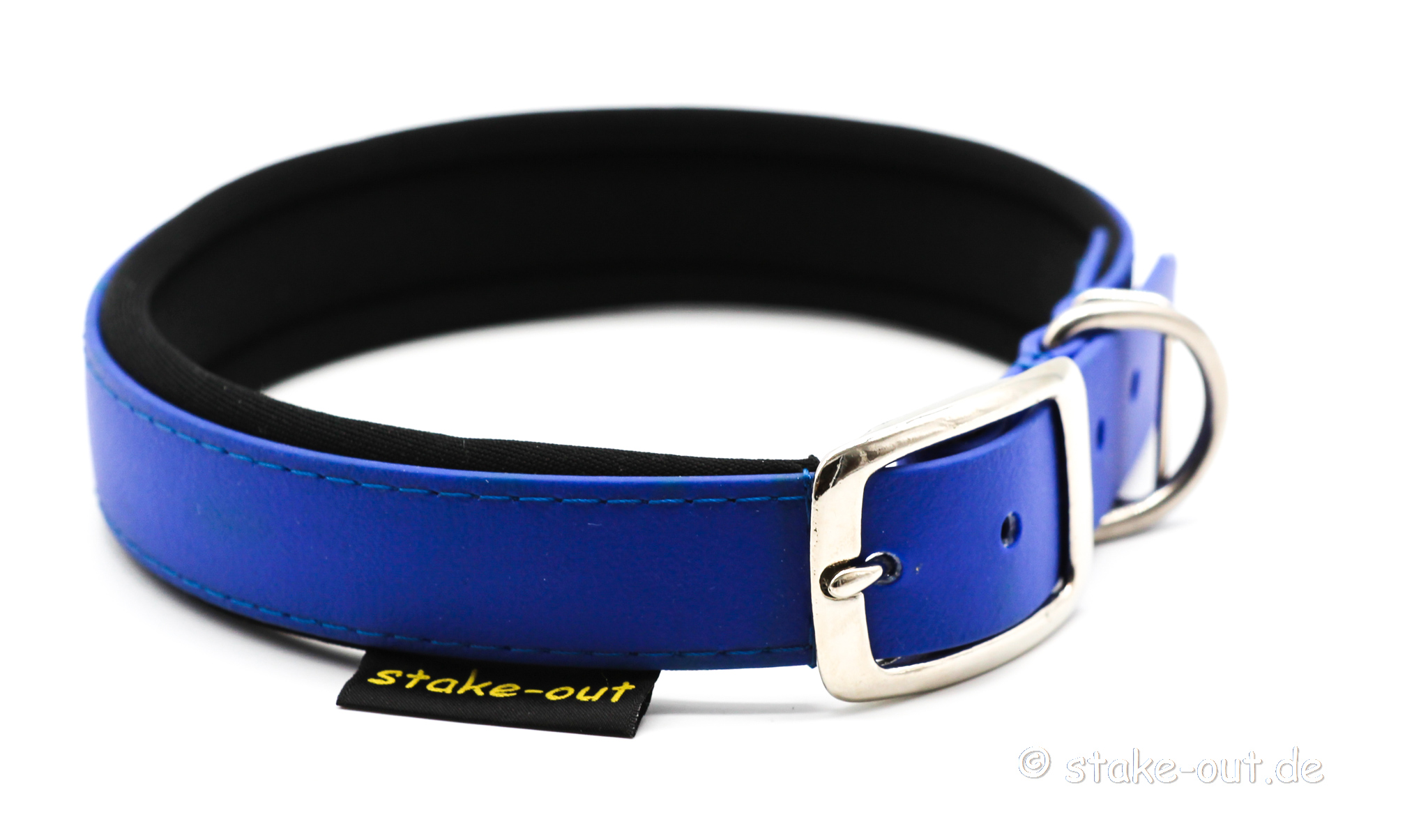 Biothane Hundehalsband 25 mm in Blau/Schwarz mit Softshell-Polsterung und Gürtelschnalle