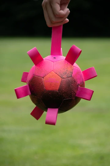 Dog Comets Hypernova Hundeball in Pink mit markanten Stofflaschen wird im Freien an einer Schlaufe gehalten, vor grünem Rasenhintergrund.