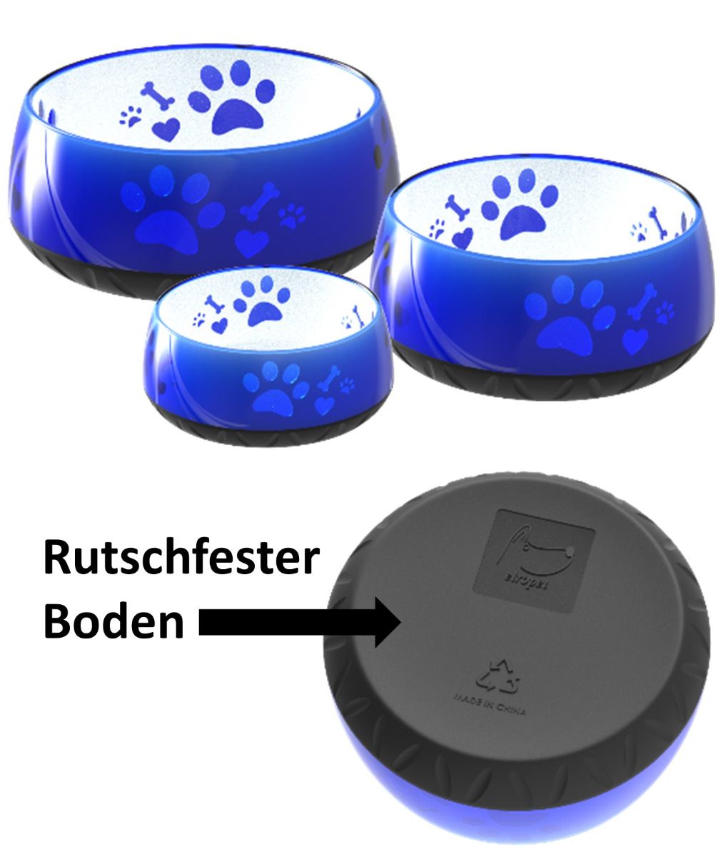 Elropet Kunststoff-Napf in Royalblau mit Pfotenmotiv und rutschfestem Boden für sicheres Fressen und Trinken.