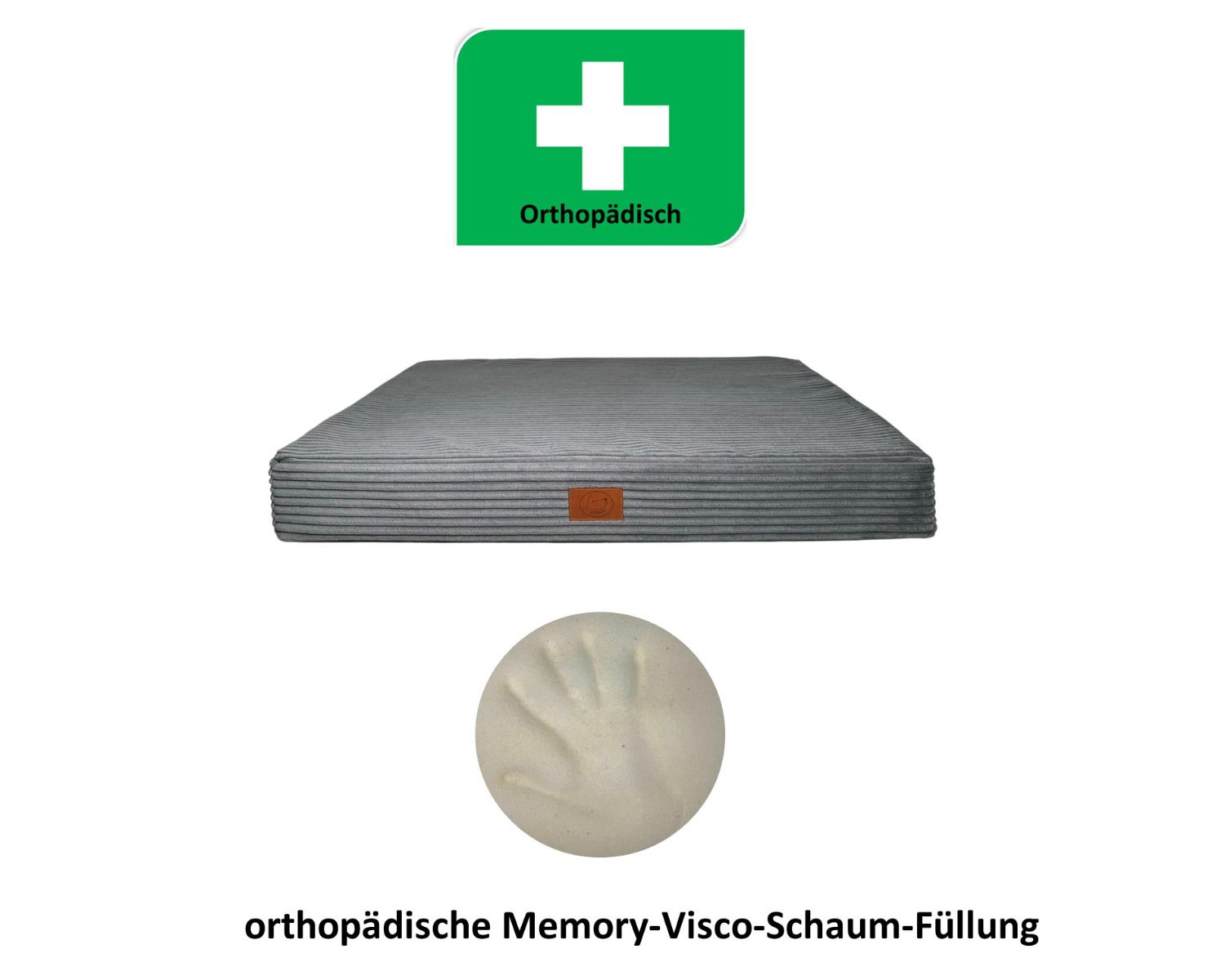 Orthopädische Hundematte San Marino in Grau mit Memory-Visco-Schaumkern und grünem Orthopädie-Symbol