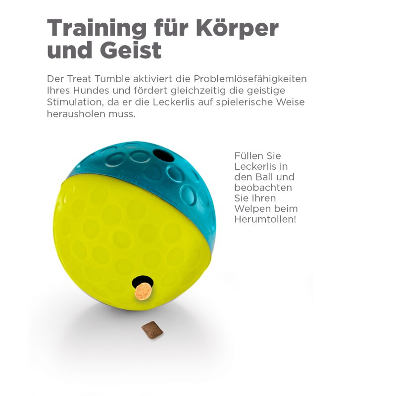 Treat Tumble Intelligenzspielzeug für Hunde – zweifarbiger Leckerliball in Blau und Gelb mit Text „Training für Körper und Geist“, ideal zur geistigen Förderung und spielerischen Beschäftigung.