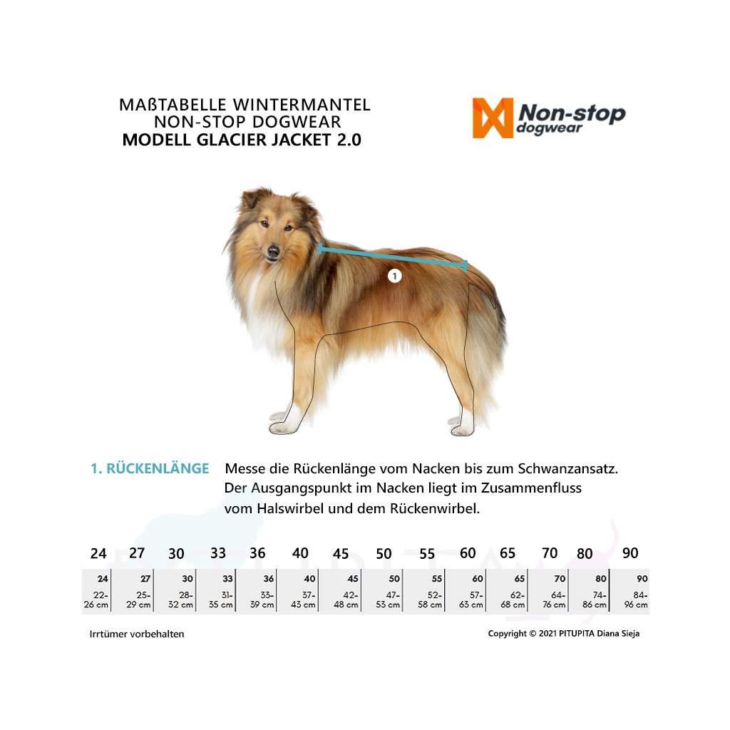 Größentabelle des Nonstop Wintermantel Glacier 2.0 mit Angaben zu Rückenlänge, Brust- und Halsumfang für verschiedene Hunderassen.
