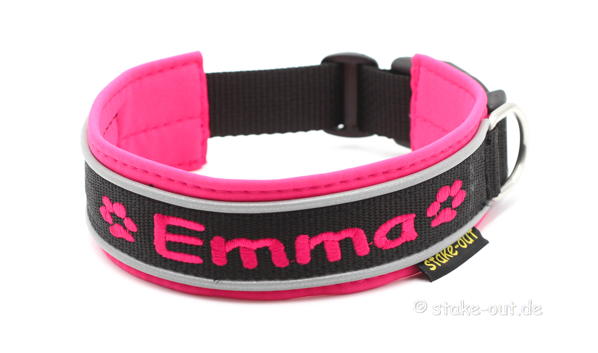 Outdoor Hundehalsband in Pink/Schwarz mit Softshell-Polsterung, reflektierender Kantenborte & Bestickung