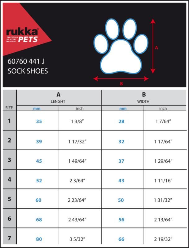 Größentabelle für Rukka Pets Sock Shoes im 4er Set mit Angaben zu Pfotenbreite und empfohlener Größe.