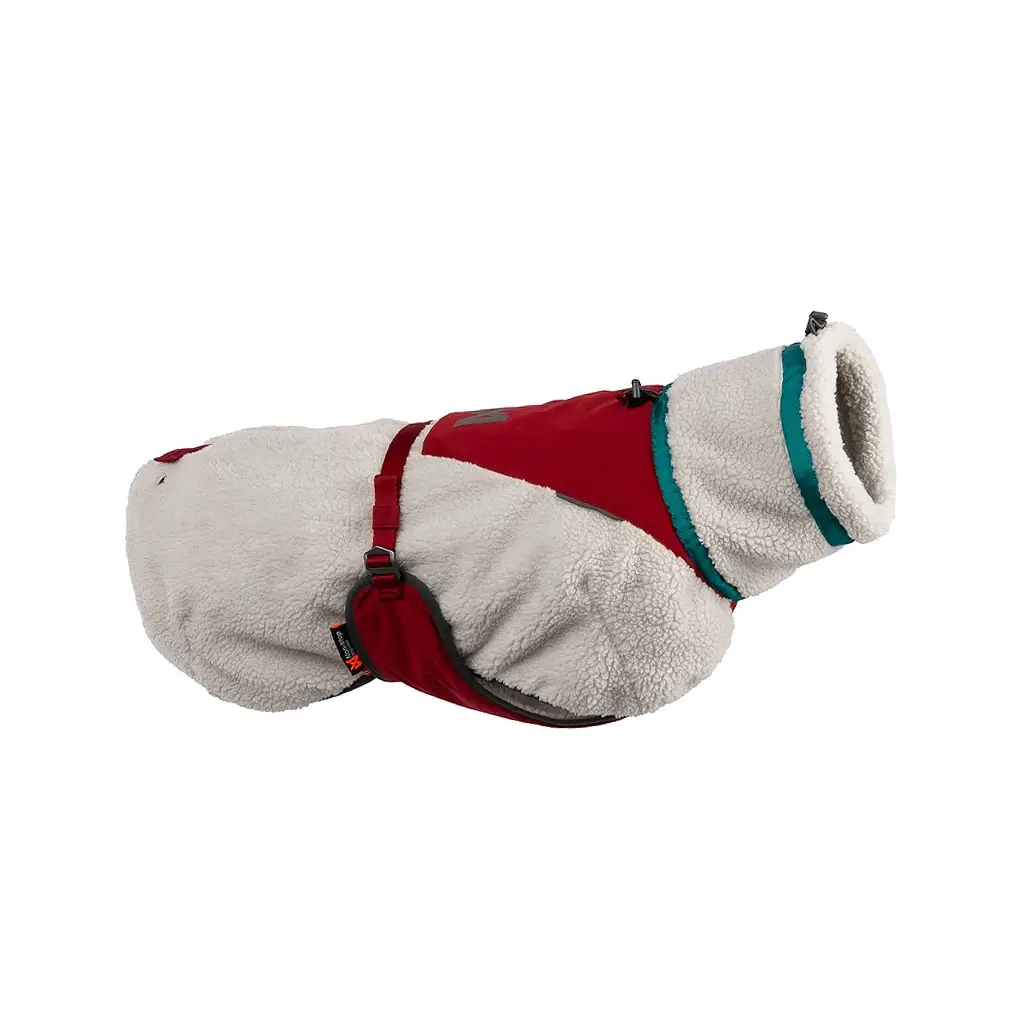 Nonstop Trekking Fleece Jacke für Hunde in Rot und Grau, warme Outdoorjacke mit kuscheligem Fleece und verstellbarem Brustgurt.