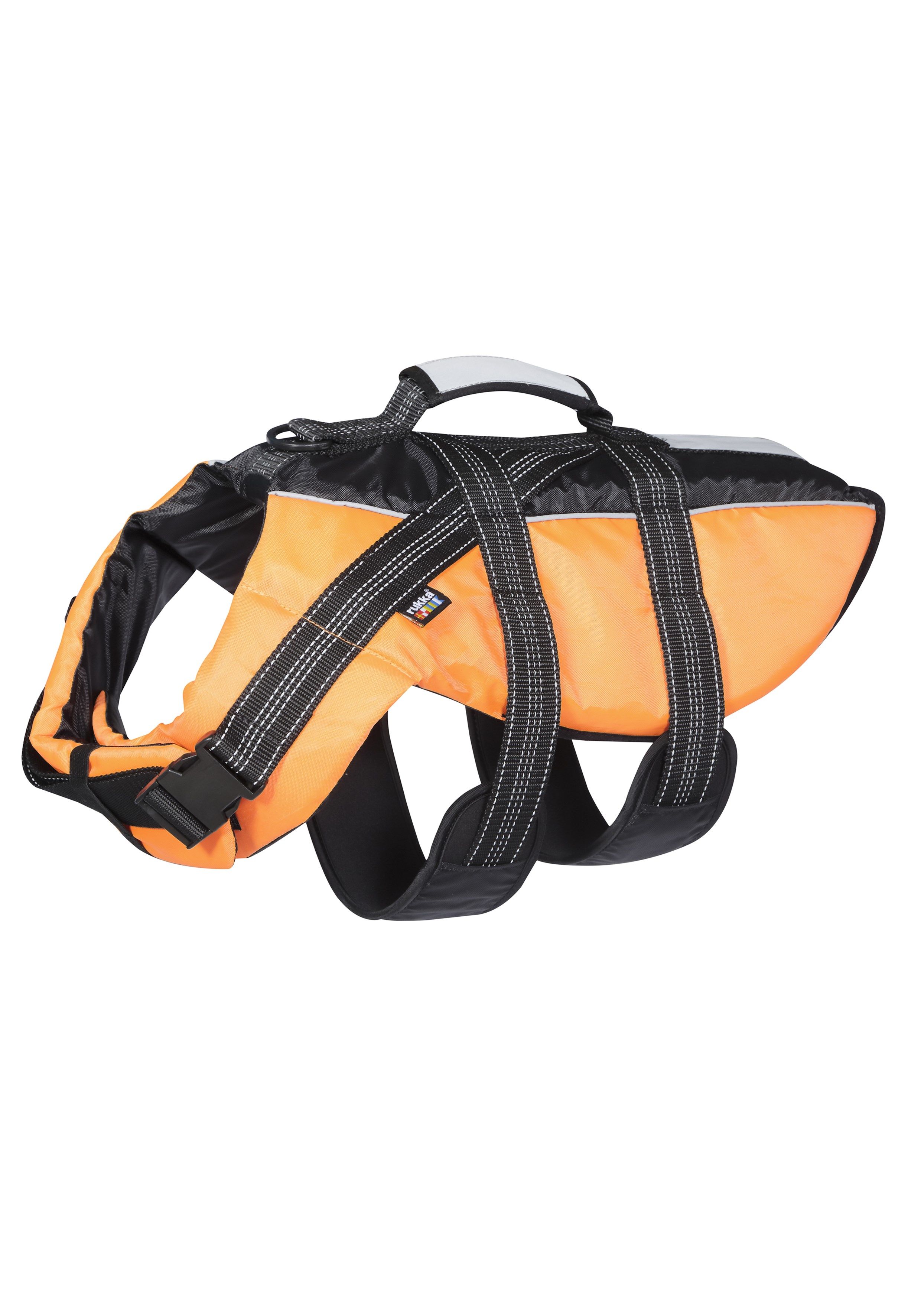 Rukka Pets Schwimmweste für Hunde in Orange, seitliche Ansicht mit verstellbaren Gurten, stabilem Griff und Reflektionsnähten.