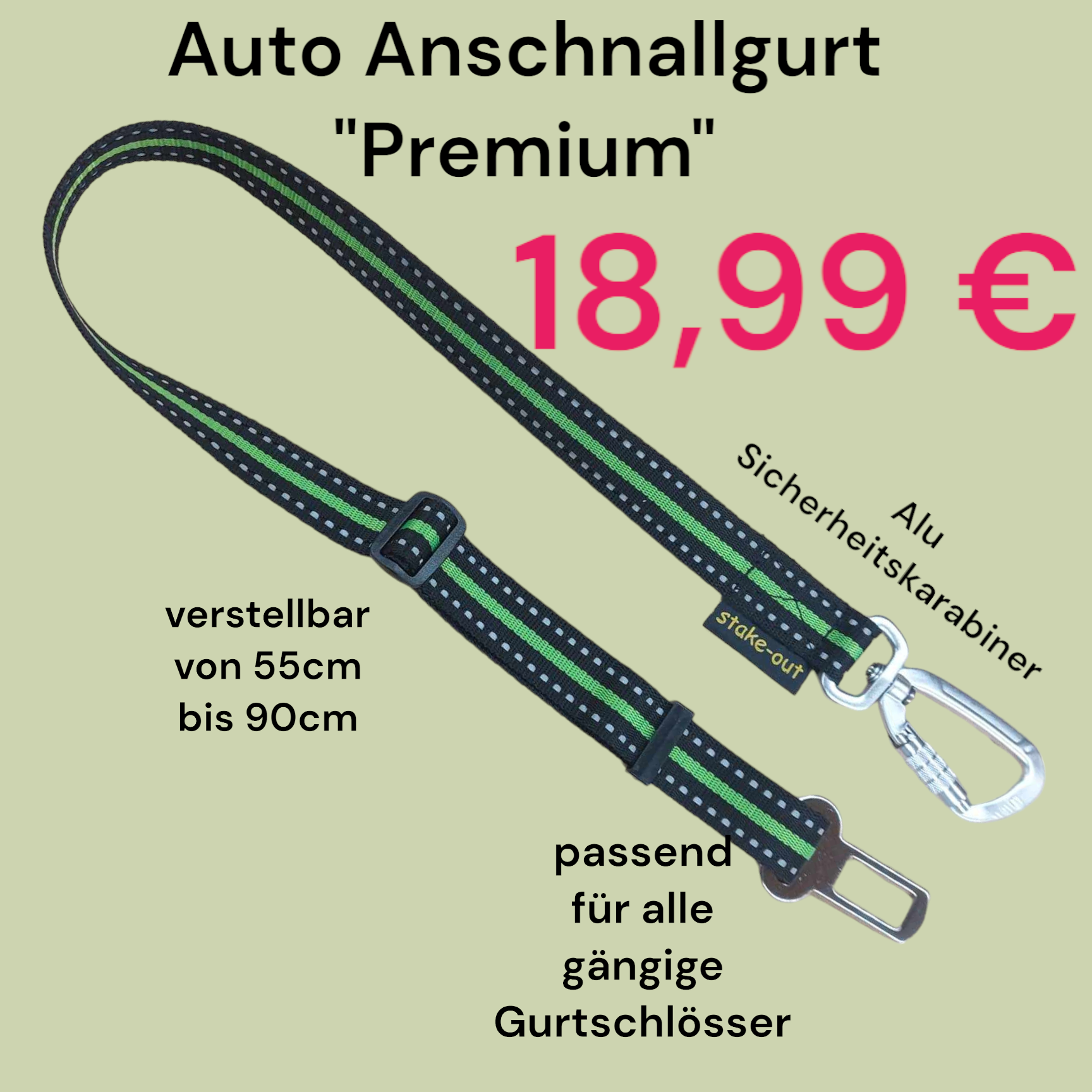 Hunde Anschnallgurt fürs Auto – Premium Modell mit Aluminium-Sicherheitskarabiner, verstellbar 55–90 cm