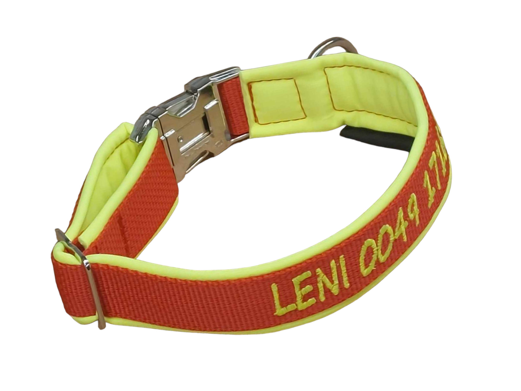 Besticktes Hundehalsband in Neon-Gelb mit Softshell-Polsterung und Kunststoffsteckschnalle