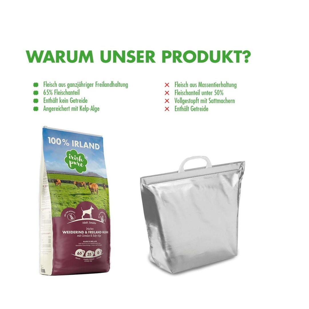 Irish Pure Adult Hundefutter, 1,5 kg, mit Frischhaltebox und Verpackungsvorteilen dargestellt