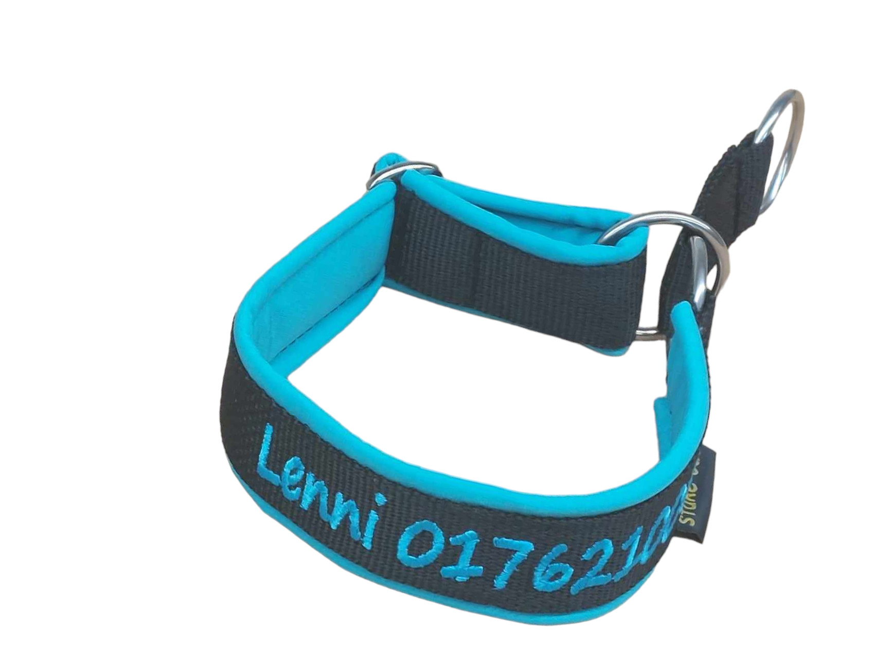 Besticktes Zugstopp-Halsband in Schwarz/Neon-Türkis mit Softshell-Polsterung