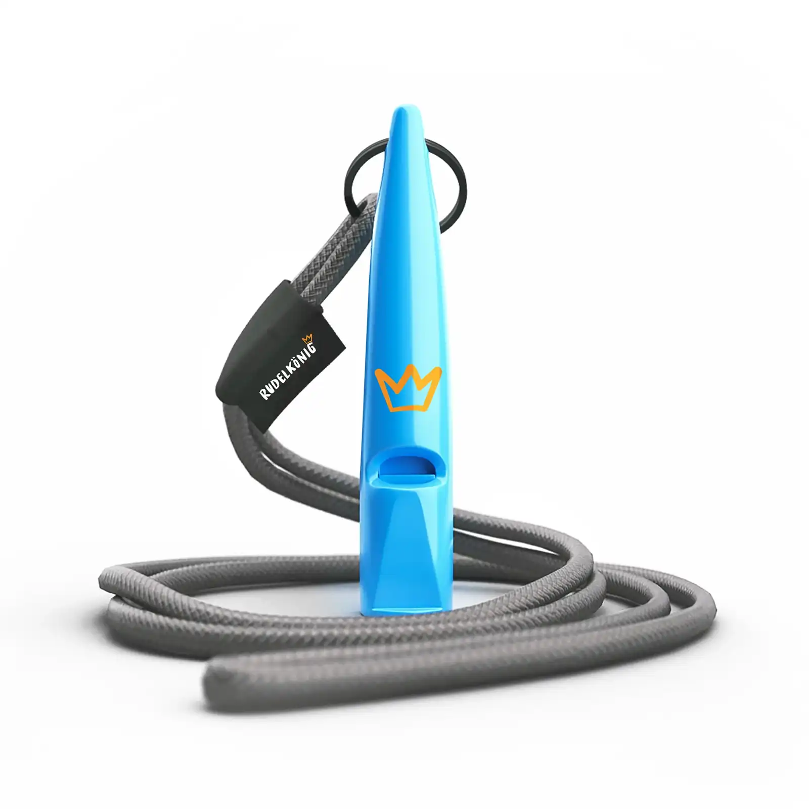 blaue hundepfeife mit grauer kordel auf weißem hintergrund