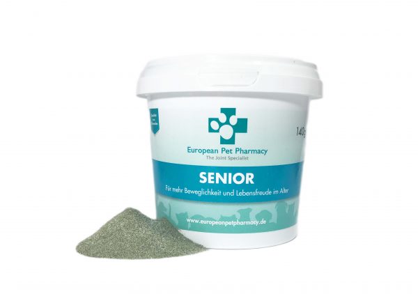 European Pet Pharmacy Senior Pulver mit Pulverhäufchen, zur Unterstützung der Beweglichkeit und Lebensfreude älterer Hunde