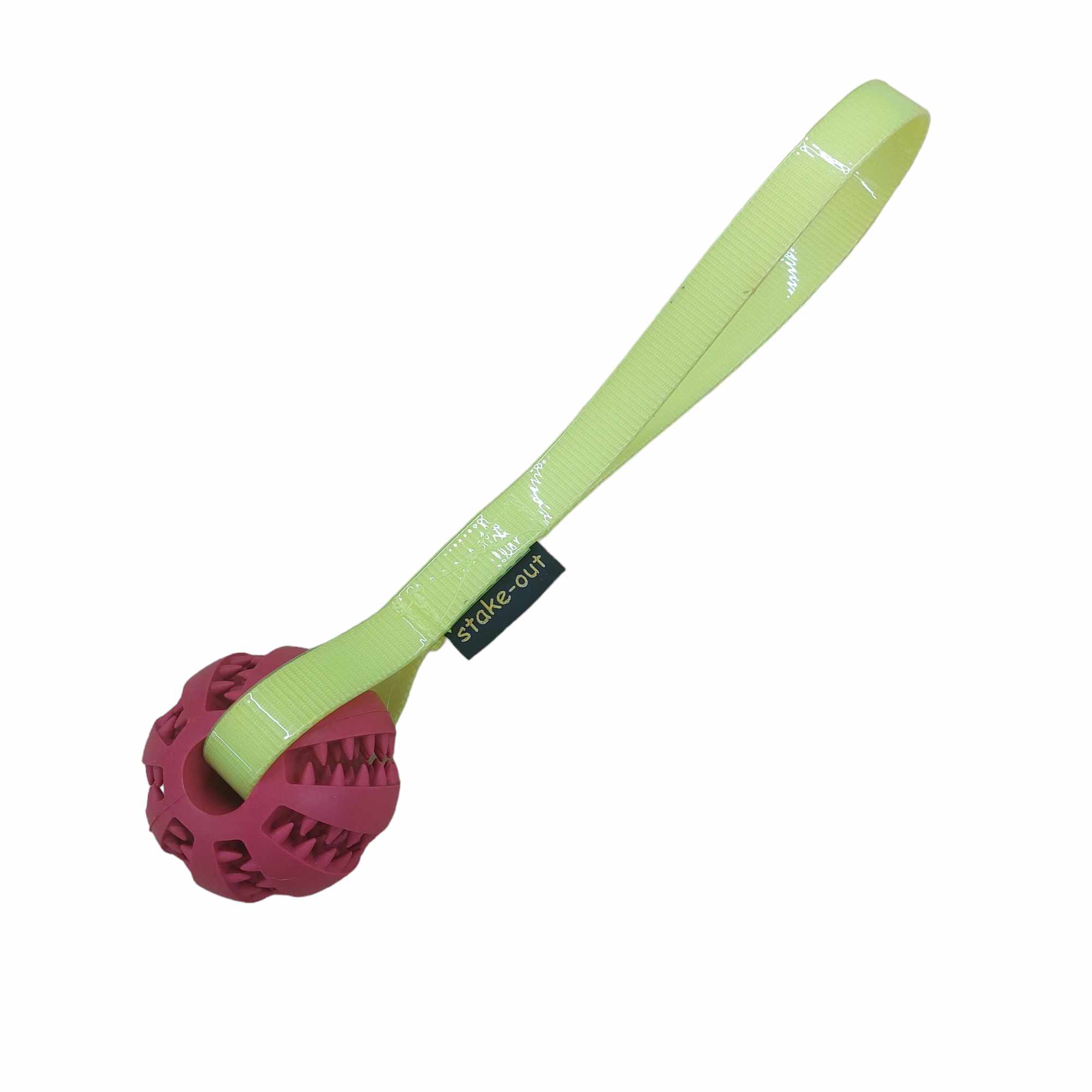 Zahnpflegeball in Pink mit gelbgrüner Biothane-Schlaufe – strapazierfähiges Hundespielzeug zur Zahnreinigung und für Wurfspiele im Training