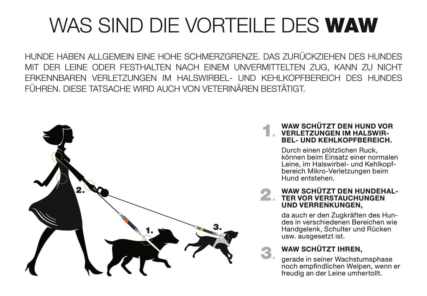 infografik zur wirkungsweise des waw ruckdaempfers mit hund und fuehrer