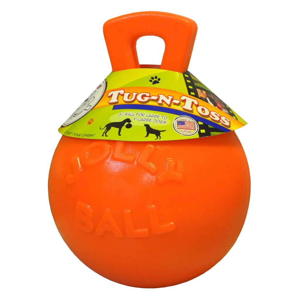 Jolly Ball Tug-N-Toss in Orange mit stabilem Griff und Originalverpackung, geeignet für große bis sehr große Hunde.