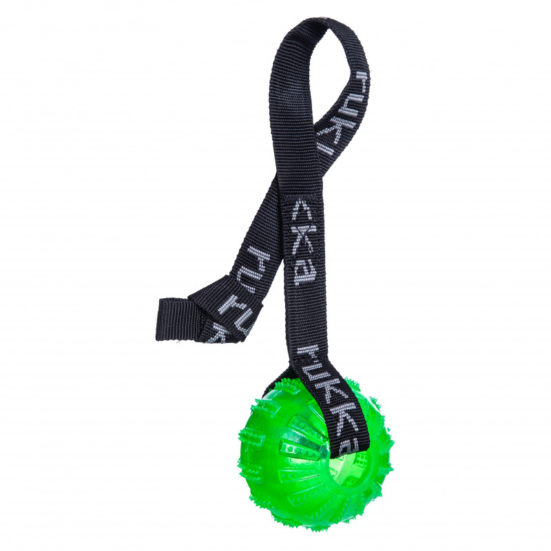 RukkaPets Gel-Ball in leuchtendem Grün mit schwarzer Schlaufe und Aufdruck, robuster Spielball für aktives Hundetraining.