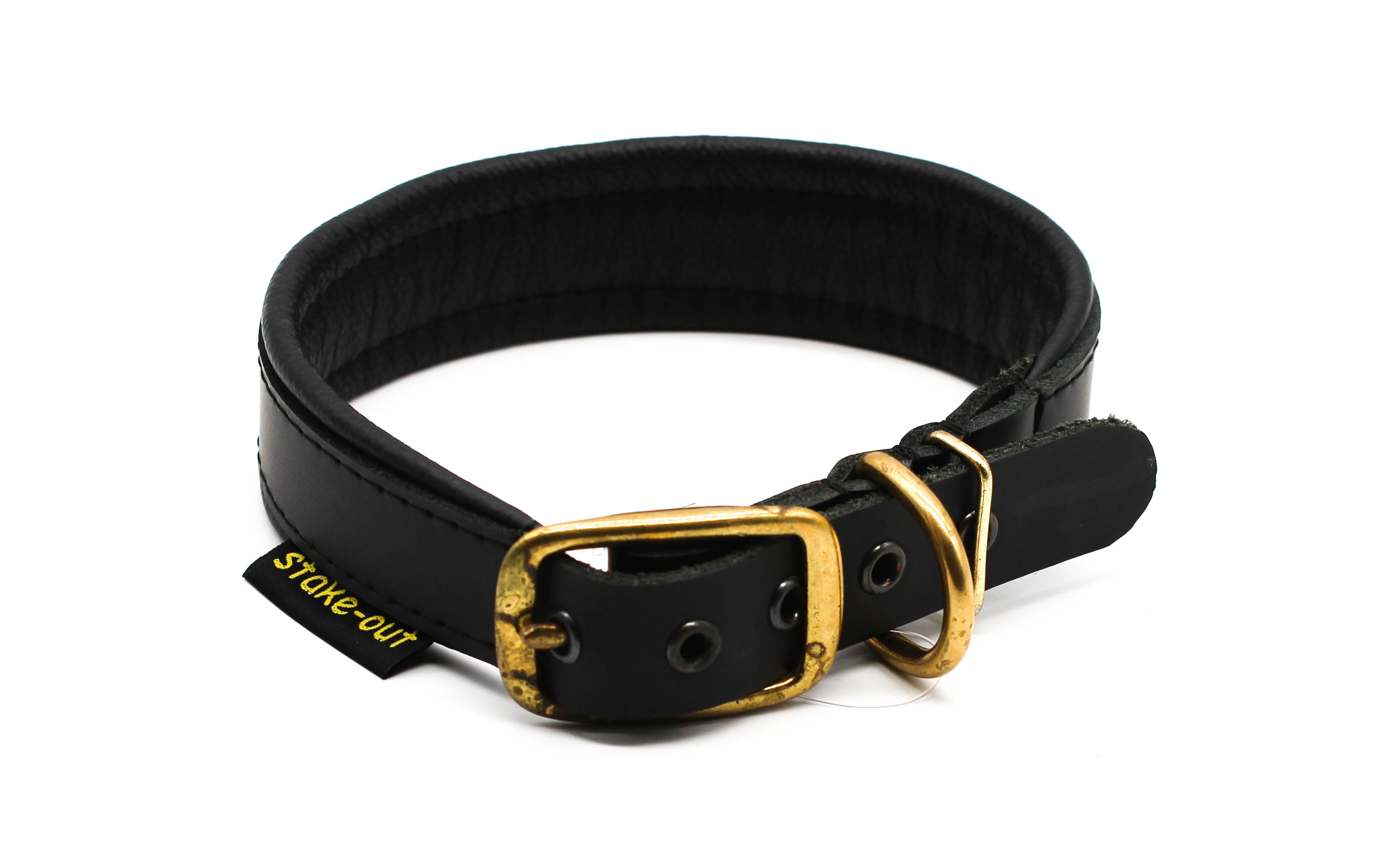 Leder-Hundehalsband Schwarz/Schwarz mit goldener Gürtelschnalle und Nappapolsterung