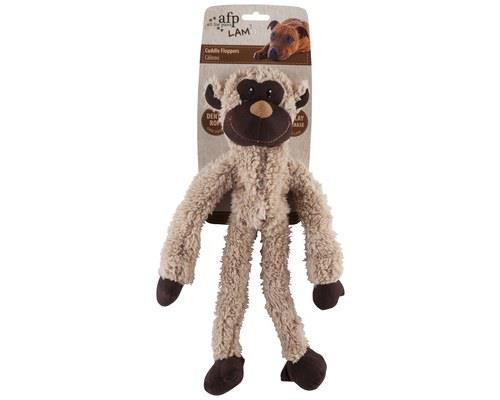 AFP Cuddle Floppers Hundespielzeug in Form eines braunen Affen mit langen Armen und Beinen, weiches Plüschtier mit Dental Rope in Originalverpackung.