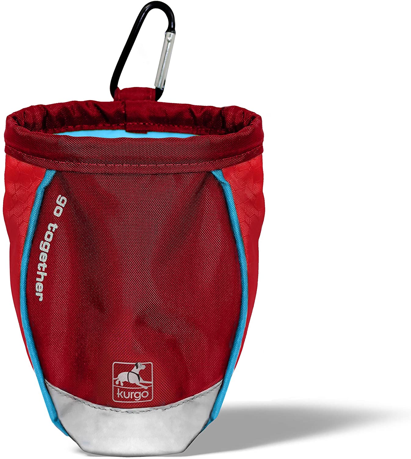 Kurgo Leckerlibeutel Go Stuff It in Rot, Vorderansicht mit reflektierendem Boden, blauem Rand und praktischem Karabiner zum Befestigen.