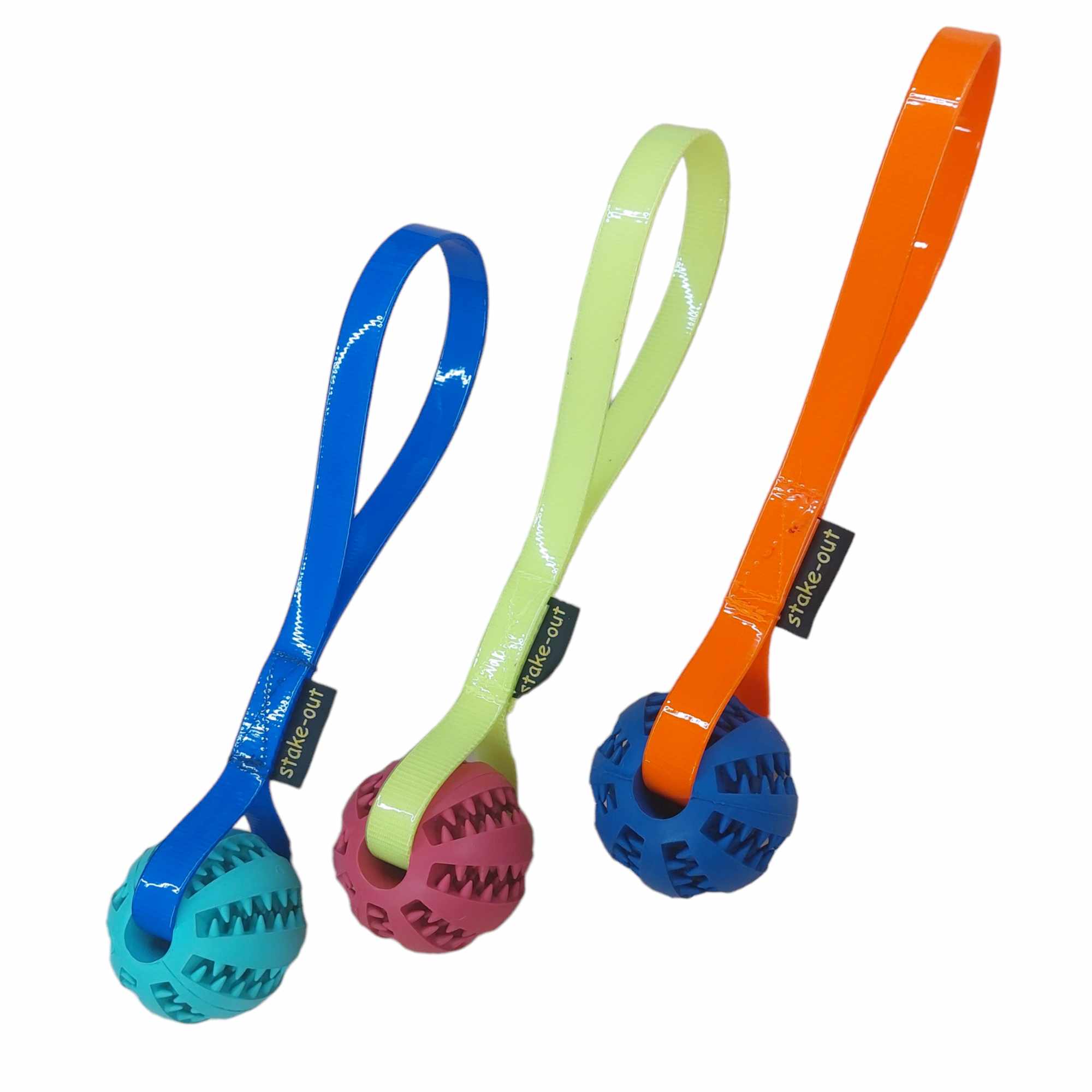 Zahnpflegebälle mit Biothane-Schlaufe in Blau, Pink und Orange – strapazierfähige Hundespielzeuge für Training und Zahnpflege