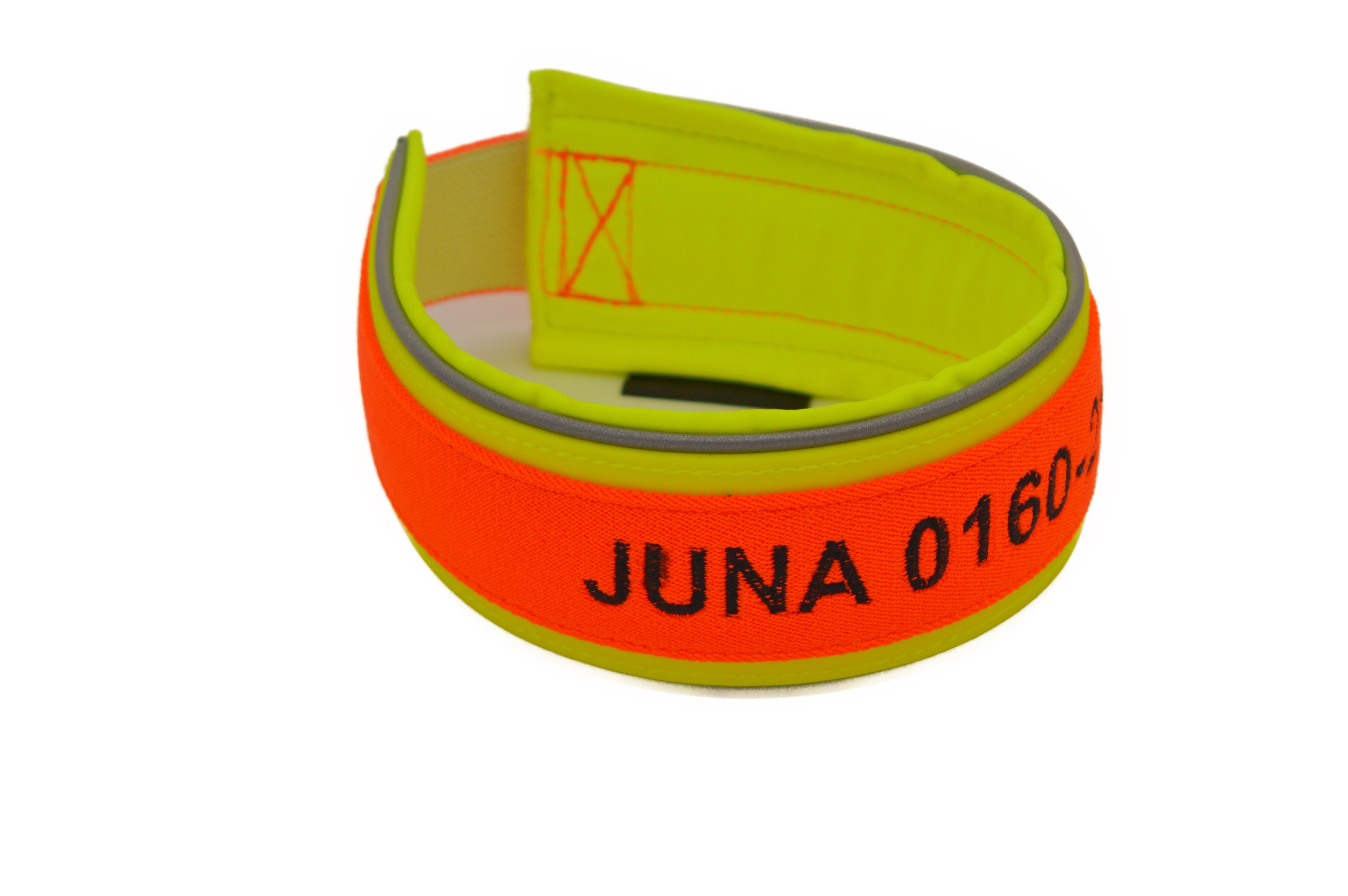 Besticktes Biothane-Signalband in Neon-Gelb mit Softshell-Polsterung und Gummizug