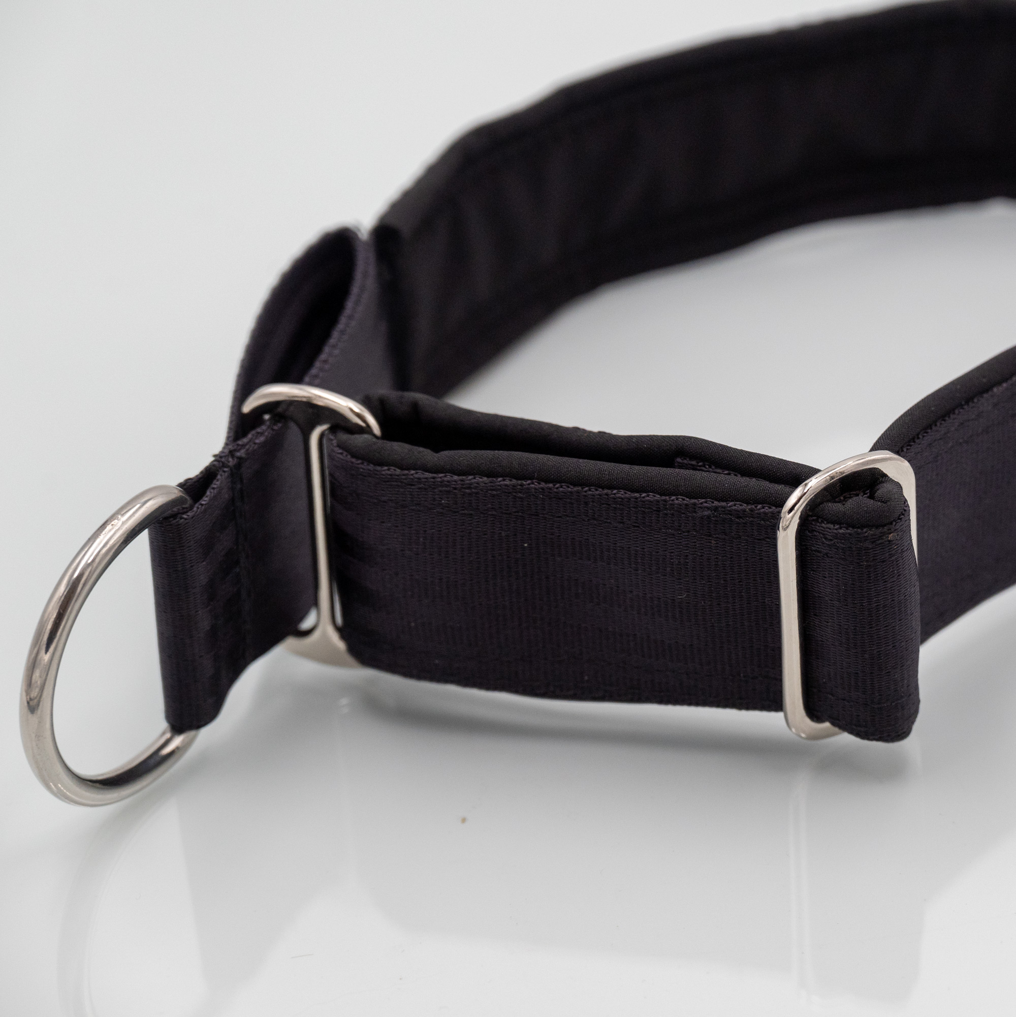 Zugstopp-Hundehalsband aus Sicherheitsgurtband in Schwarz/Schwarz, softshell-gepolstert – Frontansicht