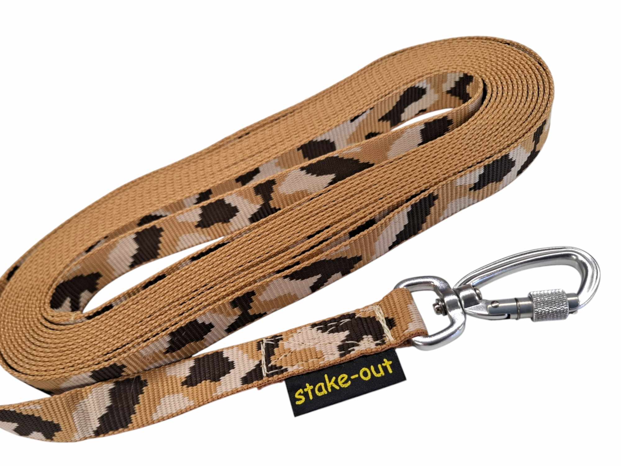 Schleppleine 10 m in Fleckentarn Sand mit Aluminium-Sicherheitskarabiner – robuste, handgefertigte Trainingsleine von Stake-Out